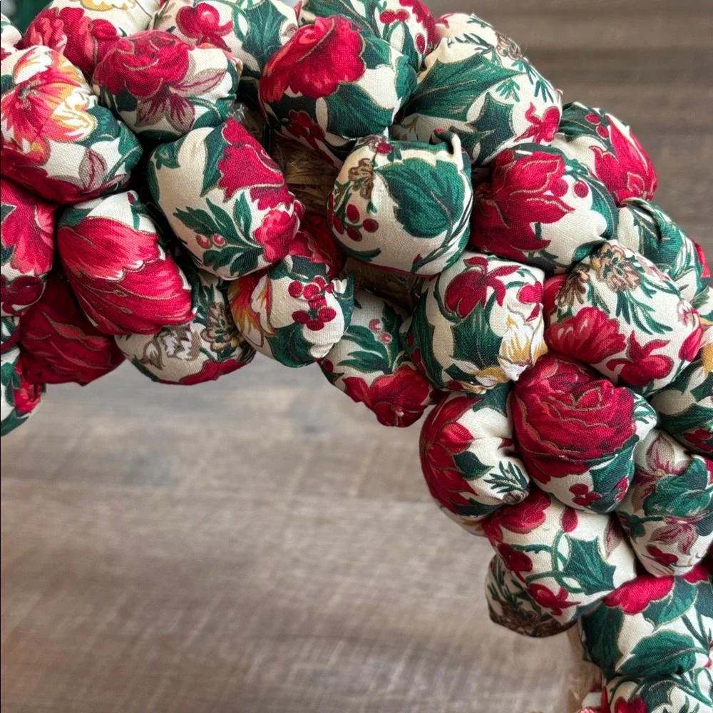 Festive Floral Holiday Wreath with Red Bow Handmade Stuffed Fabric Red 18”